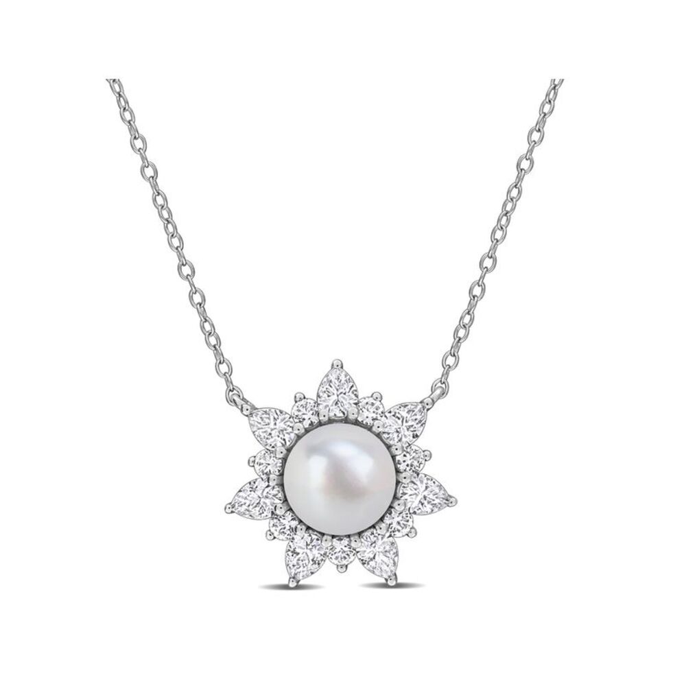 8-8.5mm Freshwater Pearl Necklace Lab-Created White Sapphires Sterling Silver